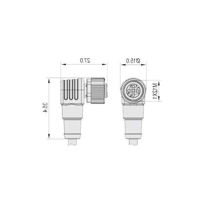 M12 5Pin, female 90°, single-end precast cable, PUR material, yellow sheath, 64T541-XXX